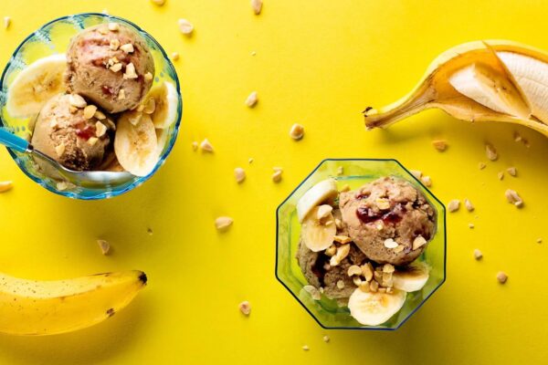 Two bowls of banana flavour sugar-free healthiest ice cream